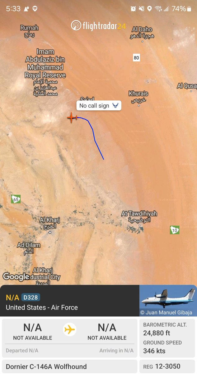Borrowed7Time's tweet photo. USAF Special Operations Command C-146A Wolfhound 12-3050 #AE68BC departed Prince Sultan Air Base, tracking across Saudi Arabia. https://t.co/McCwjuGclY