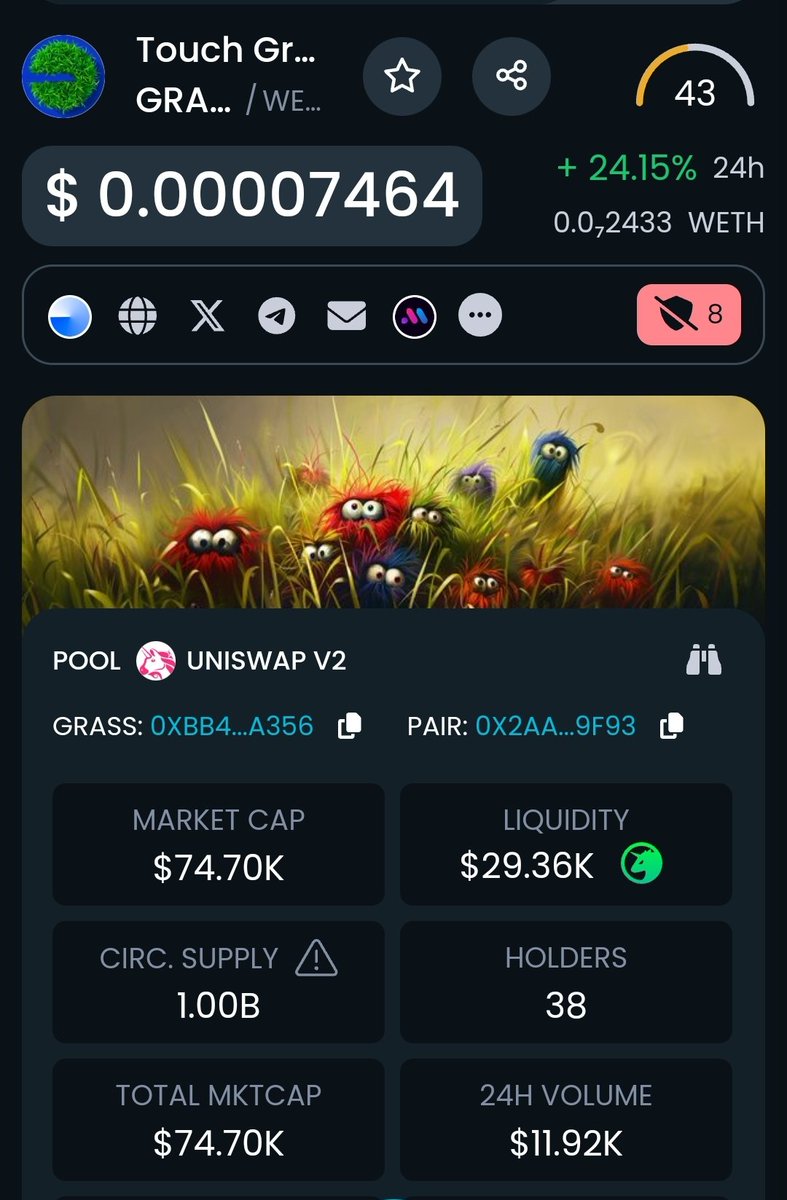This is the best and pretty much only Touch $GRASS project on BASECHAIN! 👀

TG: t.me/TouchBasedGrass

CA: 0xbb4f69a0fca3f63477b6b3b2a3e8491e5425a356

Drop your BASE wallet address! 

LIKE, REPOST, AND FOLLOW! 

<a href="/base/">Base</a> #BaseChain #base