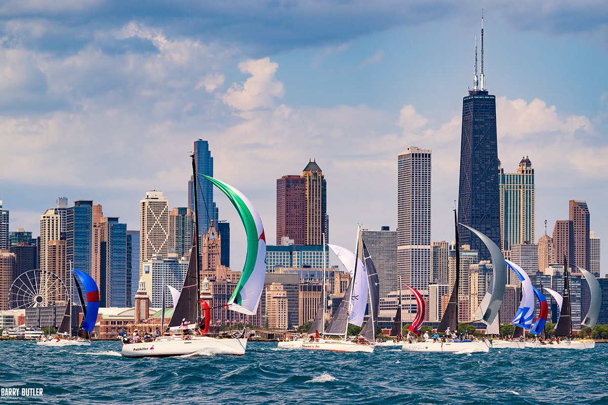 barrybutler9's tweet photo. The Race To Mackinac starts today with the cruising division.   Tomorrow, the rest of the sailboats make the trek starting at 10am.    This image is on the cover of my latest book, "Chicago - Morning, Noon &amp; Night".  https://t.co/xAsdqDI3zF https://t.co/YmQNh9EeDC