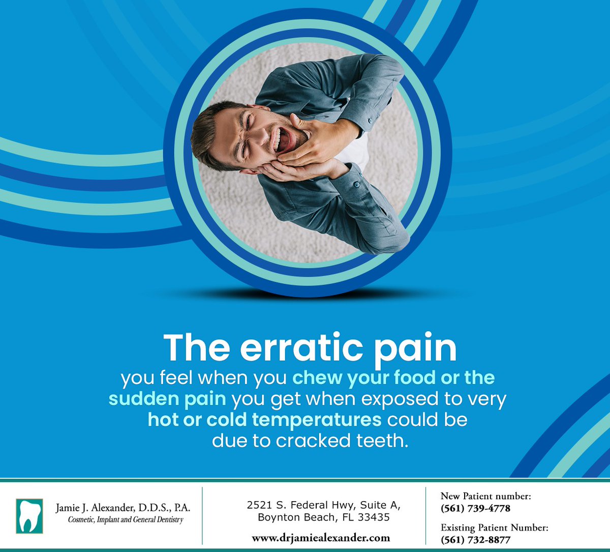 BoyntonDentist's tweet image. If you see symptoms or suspect a cracked tooth, consult an endodontist. Fortunately, our endodontic team at Jamie J. Alexander, D.D.S., PA, can provide you with an effective solution. Book your visit today. #crackedteeth #endodontist #JamieJAlexanderDDSPA #BoyntonBeach #FL