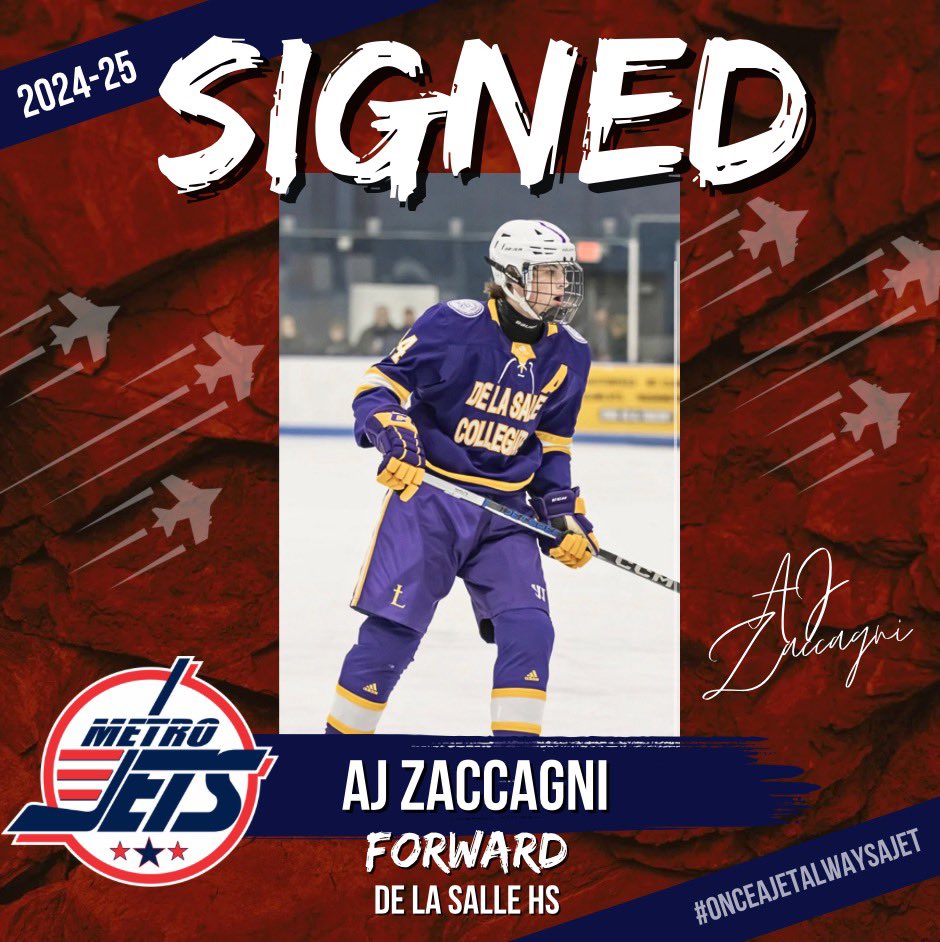 ‼️ PLAYER SIGNING ALERT ‼️ 

The #MetroJets are pumped to announce the signing of forward AJ Zaccagni for the upcoming 2024-25 <a href="/USPHL/">USPHL</a> season at Mount Clemens Ice Arena! 

Welcome to #JetsNation, AJ!!

#PlayLikeBray
