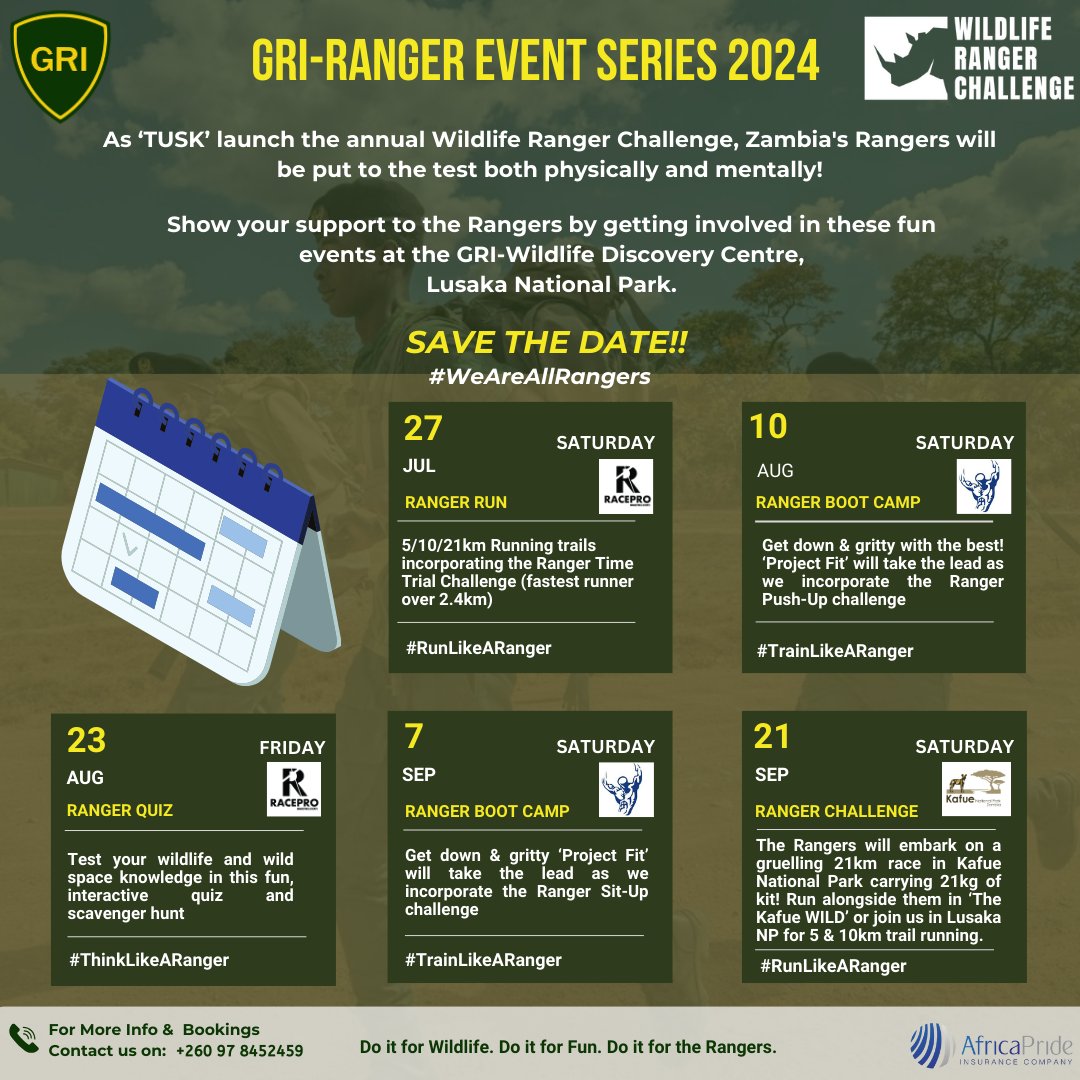𝑺𝒂𝒗𝒆 𝒕𝒉𝒆 𝑫𝒂𝒕𝒆!!

Get ready for the GRI-Ranger Event Series as we rally support for our brave rangers participating in the <a href="/Tusk/">tusk</a> Wildlife Ranger Challenge! Mark your calendars and join us at the GRI-Wildlife Discovery Centre.

#WeAreAllRangers #ForWildlifeRangers