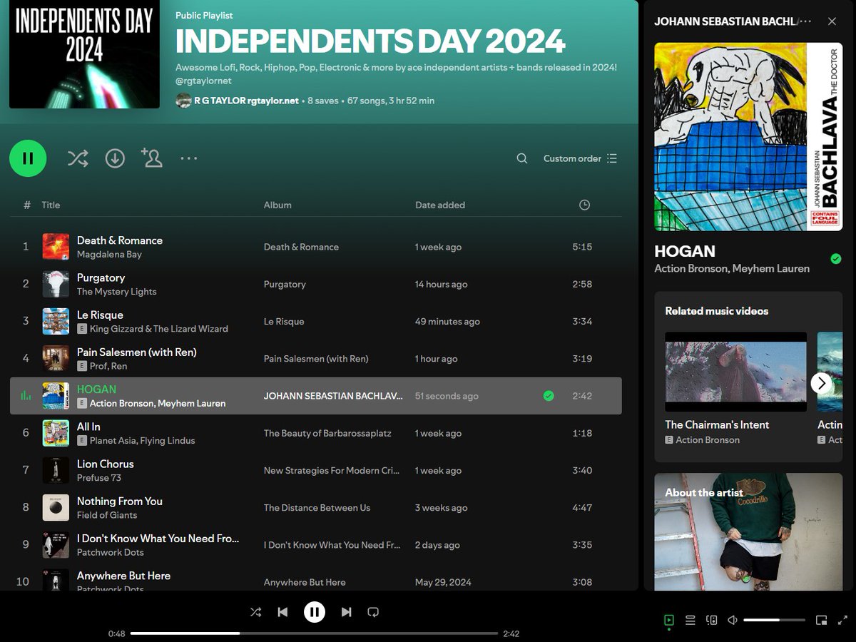 ID24 Spotify playlist updates!

Ft rad new songs by
<a href="/ActionBronson/">*JOHANN SEBASTIAN BACHLAVA THE DOCTOR*</a> <a href="/Profgampo/">Prof</a> x <a href="/Renmakesmusic/">Ren</a> <a href="/MagdalenaBay/">Magdalena Bay</a> <a href="/mystery_lights/">THE MYSTERY LIGHTS</a> <a href="/FieldofGiants/">Field of Giants 🌑</a> <a href="/kinggizzard/">King Gizzard</a> ✌️all!  RG 🤙🎵

open.spotify.com/playlist/5VnS9…

#rgtaylornet #music #hiphopmusic #rockmusic #synthpopmusic #playlistcurator #spotify