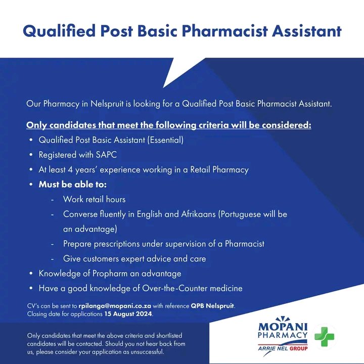 NthabelengDlam3's tweet photo. Do you want to be a part of our dynamic Team of pharmacist? If so, we're hiring at Mopani Pharmacy i'Langa Mall! Please share and send your CV to rpilanga@mopani.co.za with the reference "QPB Nelspruit". #jointheteam #pharmasist #postbasic #pharmacy #MopaniPharmacy https://t.co/Dxu0c7tBpu