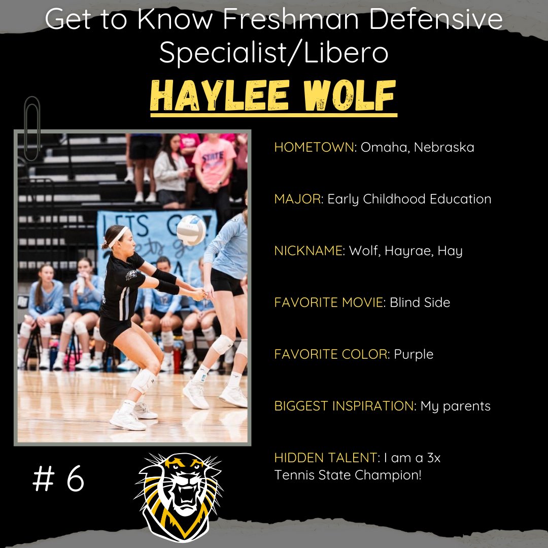 fhsuvb's tweet image. All about —&amp;gt; Haylee Wolf!!!🐯🖤🏐💛

Fun Fact: Haylee’s favorite song is Revival by Zach Bryan!

We are so excited to have you in our Tiger Family!!🖤💛
#fhsuvb #defendthefort #freshman