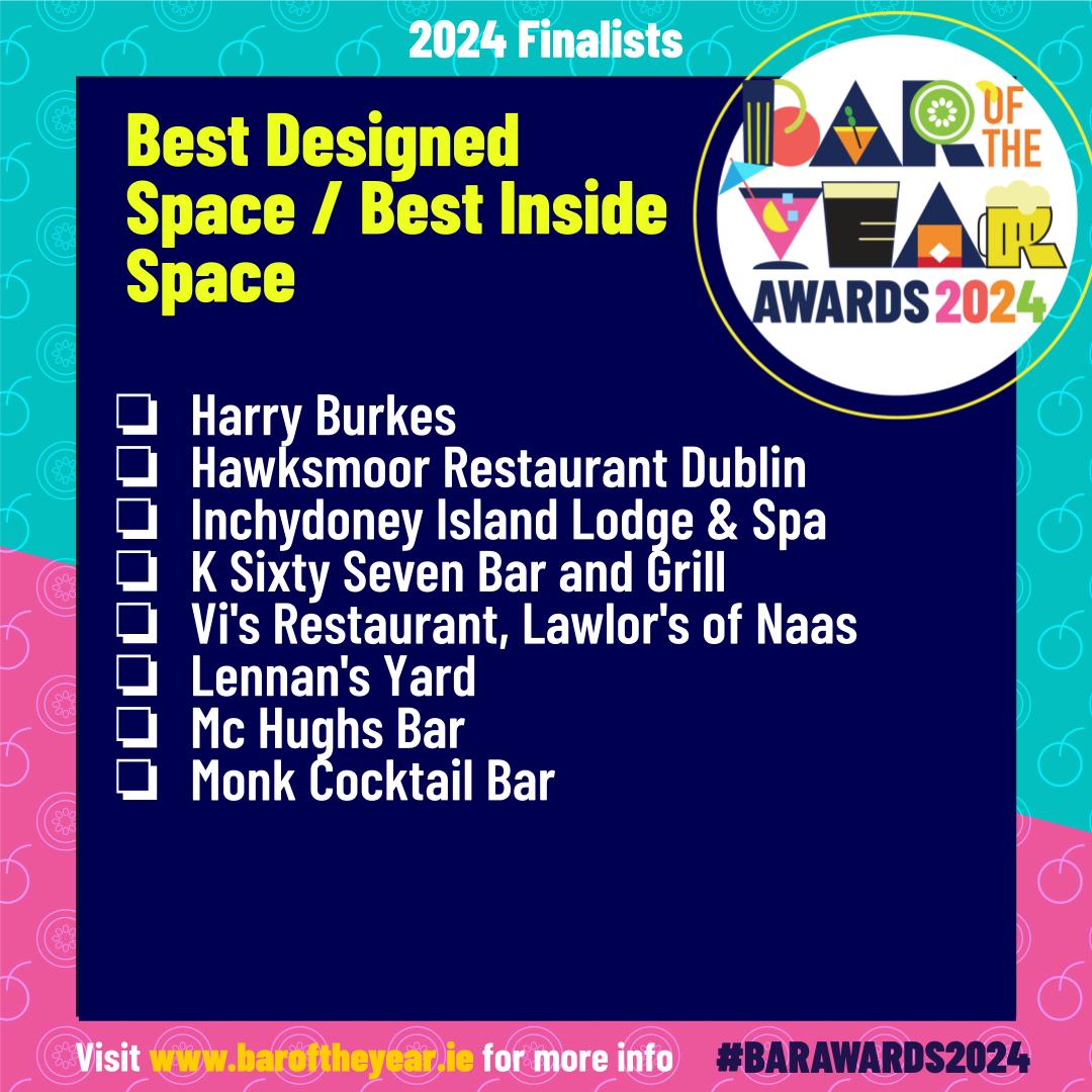 BarOfTheYear's tweet photo. We are pleased to announce the finalists for Best Designed Bar / Best Inside Space

@HawksmoorTweets 
@inchydoneylodge 
@Carncourthotel
@LawlorsNaas 
@LennansYard 
@McHughs_Bar 
@FranWellBar 
@johnstownestate 

#Barawards2024 https://t.co/9DlTYYdf3x