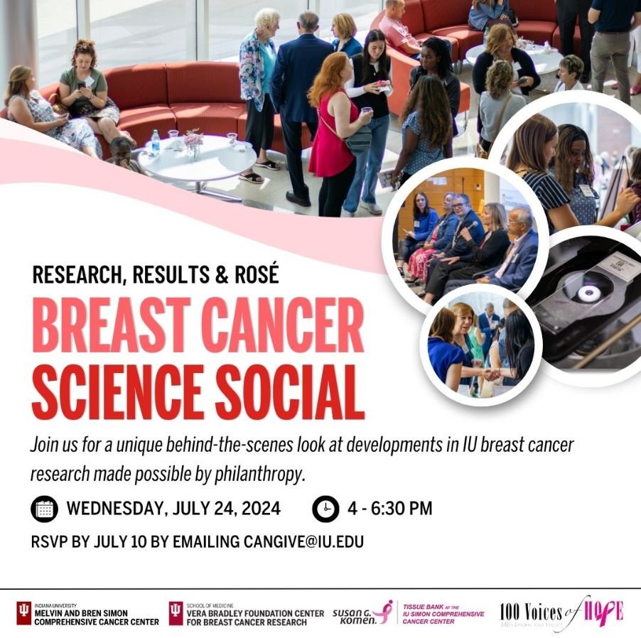 IUI Center for Translating Research into Practice (@centerfortrip) on Twitter photo Wednesday, July 24, 2024 • 4 p.m. - 6 p.m.
Breast Cancer Science Social: Research, Results, and Rose
Come see what philanthropy makes possible!
Learn about the latest breakthroughs
Chat with our researchers
Tour research laboratories
<a href="/IUCancerCenter/">IU Simon Comprehensive Cancer Center</a>
cancer.iu.edu/.../breast-can… Wednesday, July 24, 2024 • 4 p.m. - 6 p.m.
Breast Cancer Science Social: Research, Results, and Rose
Come see what philanthropy makes possible!
Learn about the latest breakthroughs
Chat with our researchers
Tour research laboratories
<a href="/IUCancerCenter/">IU Simon Comprehensive Cancer Center</a>
cancer.iu.edu/.../breast-can…