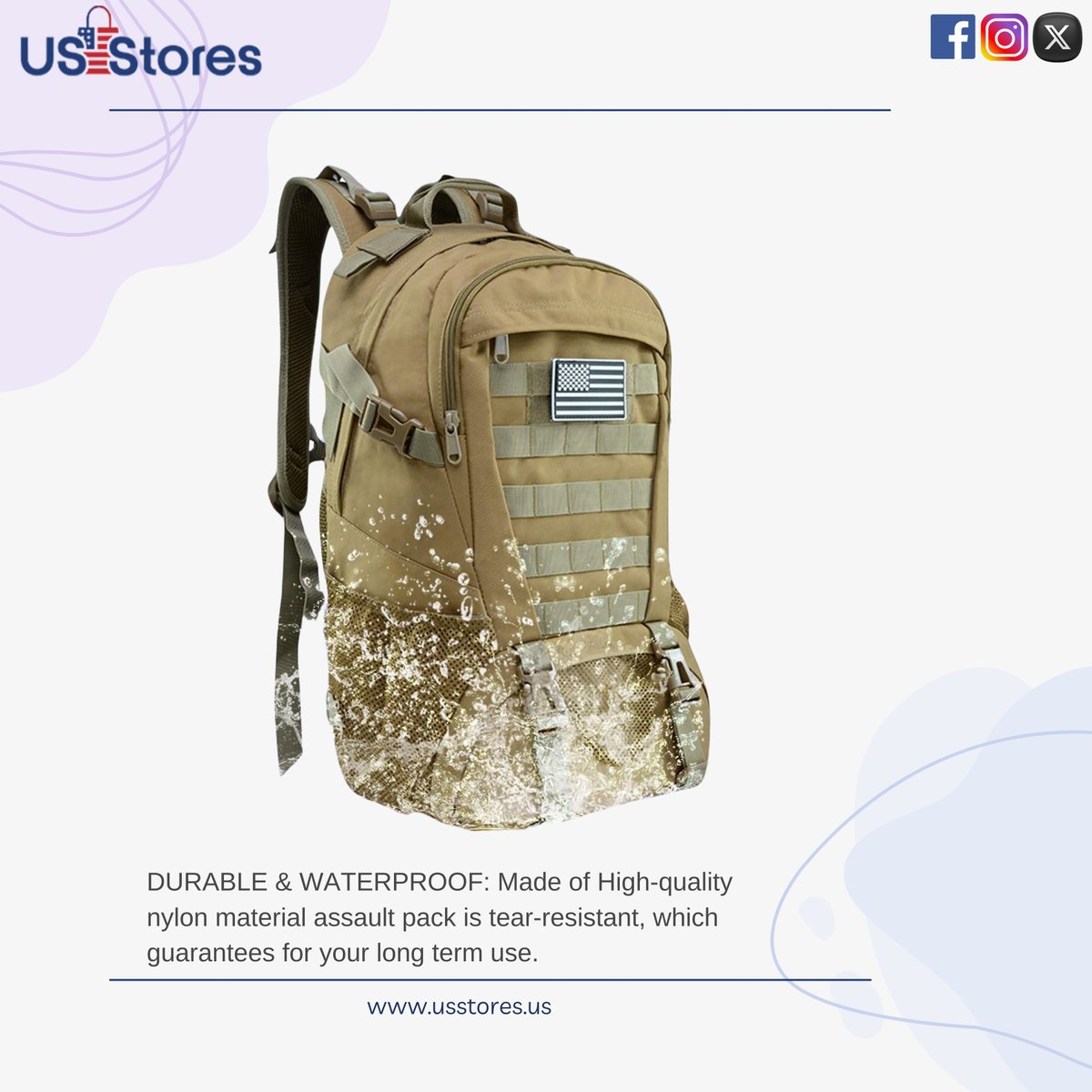 us_stores's tweet image. Crafted from high-quality nylon, our assault pack is tear-resistant and built to last. Perfect for all your adventures! 🏞️

🛒 Shop now at USSTORES!

#DurableGear #WaterproofPack #AdventureReady #USSTORES