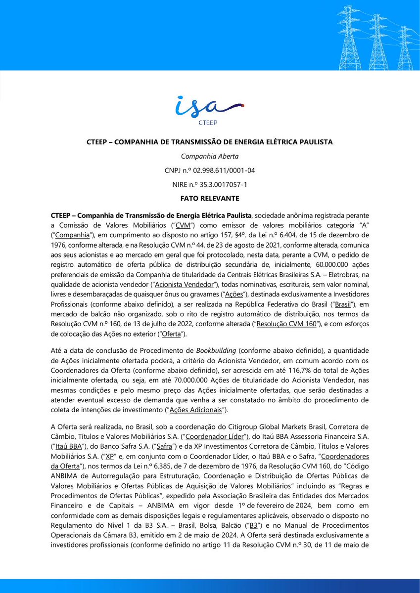 AvisosDaBolsa's tweet photo. 🚨 CTEEP - CIA TRANSMISSÃO ENERGIA ELÉTRICA PAULISTA - Oferta Pública Secundária #TRPL3 #TRPL4 https://t.co/xqtQ7408lV