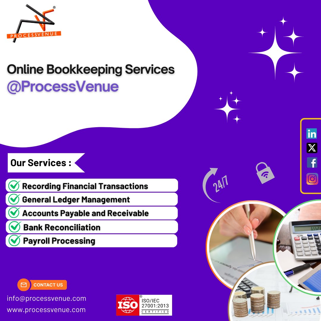 ProcessVenue's tweet photo. Streamline your finances with ProcessVenue's online bookkeeping services!
From financial transactions to payroll, we handle it all so you can focus on what you do best. ππ
#Bookkeeping #Finance #Bookkeeping #FinancialServices #OutsourceBookkeeping #OutsourceAccounting https://t.co/BbMDa9NV4J