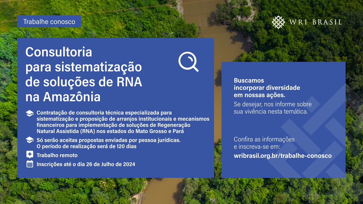 Estamos em busca de uma Consultoria Técnica para sistematização e proposição de soluções de RNA na Amazônia Legal.

Confira mais detalhes e inscreva-se em: wribrasil.org.br/trabalhe-conos…