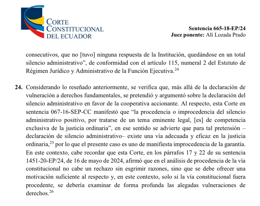 En sentencia 665-18-EP/24 <a href="/CorteConstEcu/">Corte Constitucional</a> ratifica precedente de la sentencia 067-16-SEP-CC: NO procede la AP para reclamar el silencio administrativo positivo contra la administración pública. Por lo específico de la pretensión, el juez no requiere analizar el mérito del proceso.