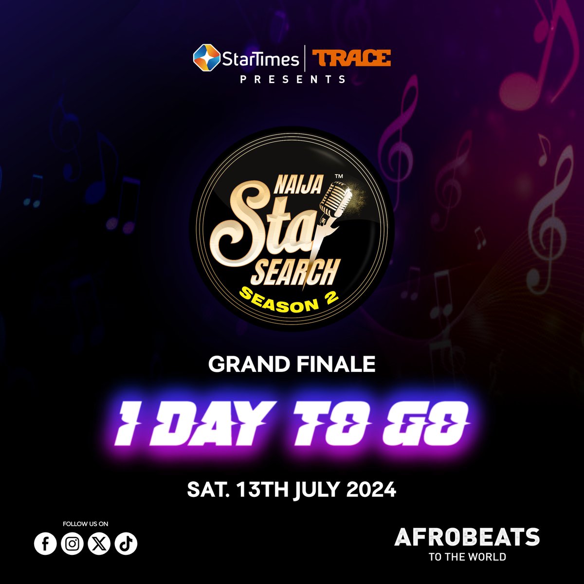 24 Hours to go!

Naija Star Search Season 2 Grand Finale comes up on Saturday, July 13 at 8pm, on ST Nollywood Plus.

Join us as we unveil the next Afrobeats Star.

Naija Star Search; Afrobeats to the World.

Supported by: <a href="/tracenaija/">TRACE Naija</a> and <a href="/mtn_callertunez/">MTN Callertunez</a>

#naijastarsearchs2