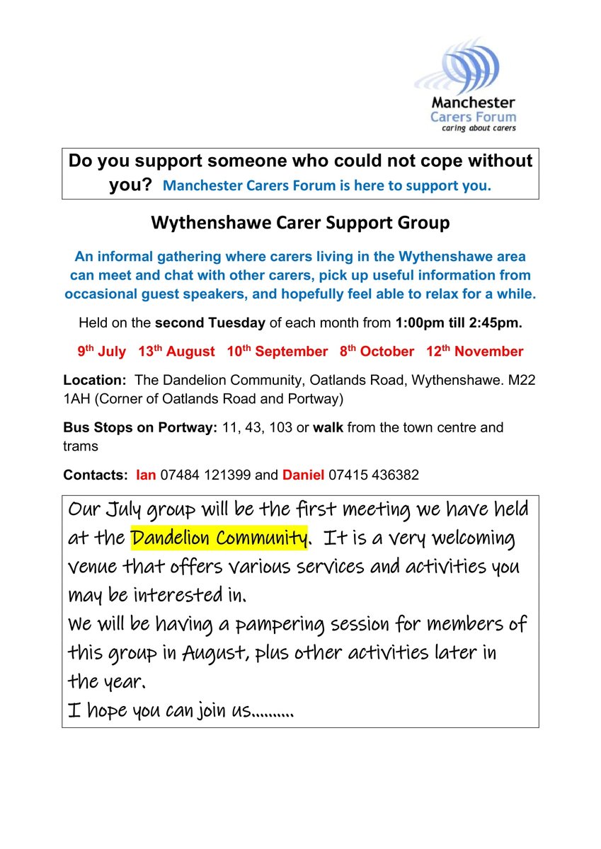 Southside Magazine (@southsidemag) on Twitter photo An informal gathering where #carers living within the Wythenshawe area can meet and chat with other carers. More information on the leaflet <a href="/McrCareers/">ManchesterCareers</a> - 2nd Tuesday of each month @dandelioncommunity centre 1pm to 2.45pm An informal gathering where #carers living within the Wythenshawe area can meet and chat with other carers. More information on the leaflet <a href="/McrCareers/">ManchesterCareers</a> - 2nd Tuesday of each month @dandelioncommunity centre 1pm to 2.45pm
