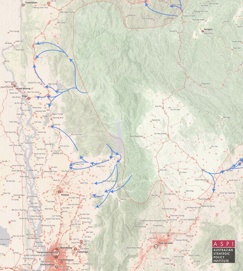 Nrg8000's tweet photo. I'm trialing a way to share detailed updates and deep-dives on the Burmese Revolution. My first post is an in-depth examination of the first two weeks of Operation 1027 part 2, with maps, satellite imagery and 5,000 words of analysis. Please check it out. https://t.co/rlW24u14qr https://t.co/QC1u0YLDkK
