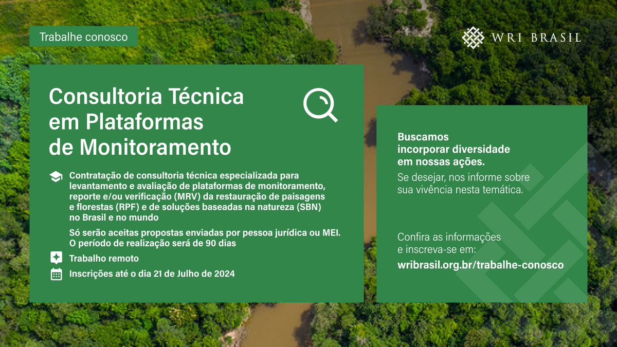 Estamos em busca de uma Consultoria Técnica em Plataformas de Monitoramento.

Confira mais detalhes e inscreva-se em: wribrasil.org.br/trabalhe-conos…