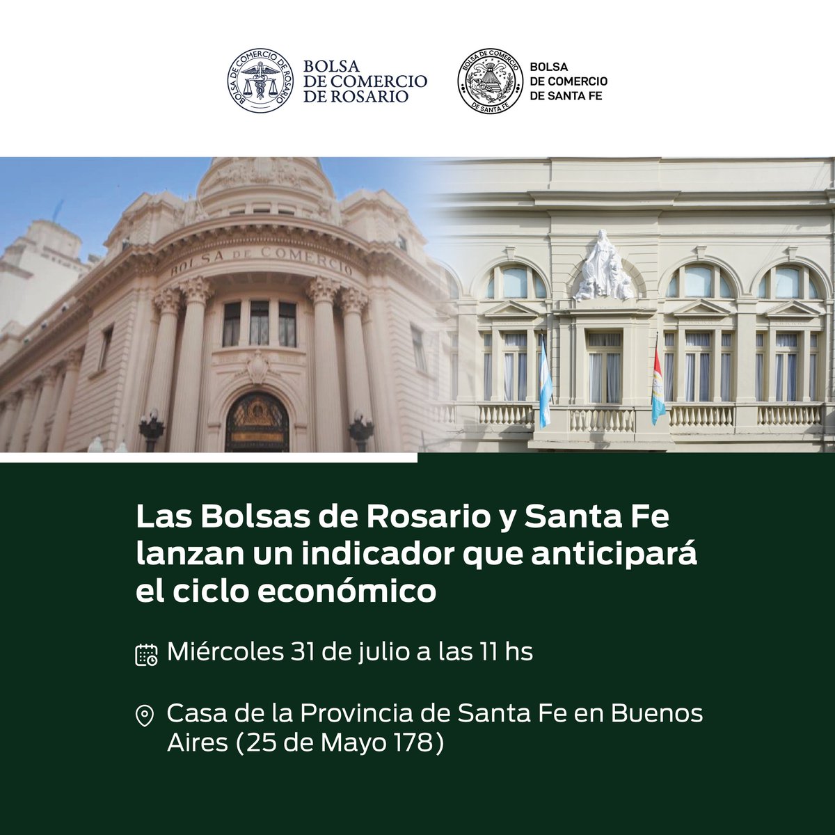 #NoticiasBCSF | Las Bolsas de Rosario y Santa Fe lanzan un sistema de indicadores para el análisis del ciclo económico.

La presentación tendrá lugar el próximo miércoles 31 de julio en Buenos Aires.