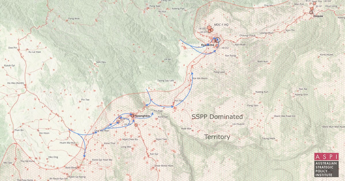 Nrg8000's tweet photo. I'm trialing a way to share detailed updates and deep-dives on the Burmese Revolution. My first post is an in-depth examination of the first two weeks of Operation 1027 part 2, with maps, satellite imagery and 5,000 words of analysis. Please check it out. https://t.co/rlW24u14qr https://t.co/QC1u0YLDkK