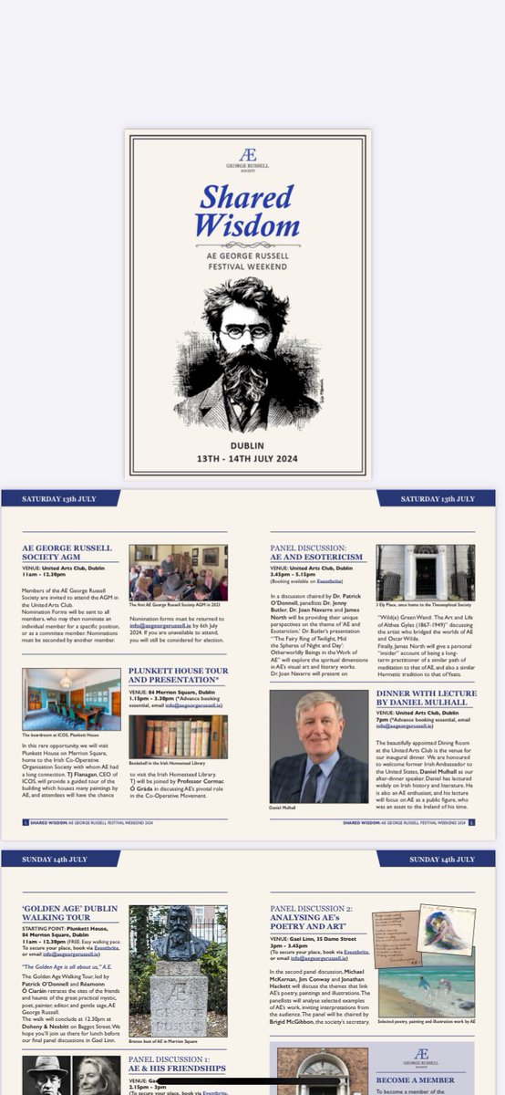 I look forward to taking part in this ‘Shared Wisdom’ Festival Weekend devoted to remembering the life and work of George Russell (AE). I will speak at tomorrow evening’s dinner. Contact: info@aegeorgerussell.ie