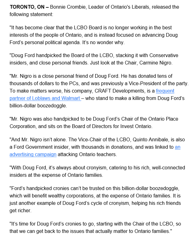 NEW: The Ontario Liberals are calling for the resignation of LCBO chair Carmine Nigro over his close ties with Premier Doug Ford. 

Leader Bonnie Crombie argues the LCBO Board, under Nigro, is "no longer working in the best interests" of Ontarians. 

#onpoli