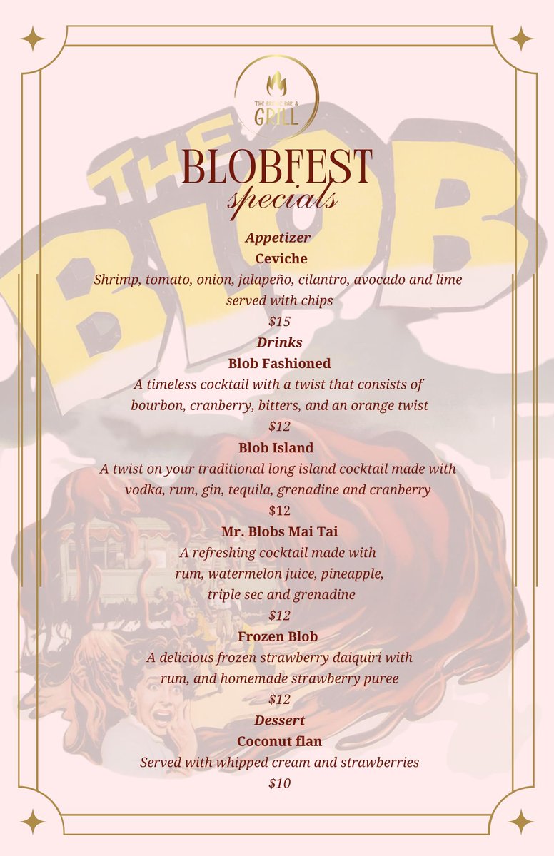 thebridge37's tweet photo. We're excited to unveil our specials menu for the annual Phoenixville Blobfest , commemorating the classic 1958 movie "The Blob" and the famous run-out scene filmed at the Colonial Theatre! 📽️

Join us from July 12th-14th for delicious specials and festive fun! See you there! https://t.co/M7oQOGliGK