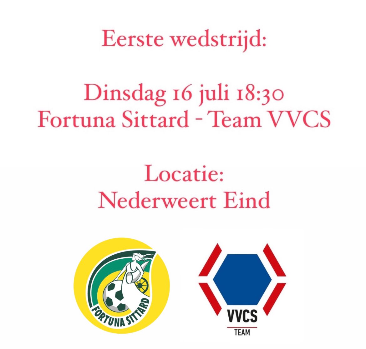 spelersvakbond's tweet image. Save the date! Eerste wedstrijd:

Dinsdag 16 juli om 18:30 
⚽️ Fortuna Sittard - Team VVCS

Locatie:
🏟️ RKVV Eindse Boys
Baldessenweg 1C, 6034 RN te Nederweert-Eind

Entree:
🎟️ Het duel is gratis te bezoeken.

#teamvvcs #forvvcs #fortunasittard #preseason