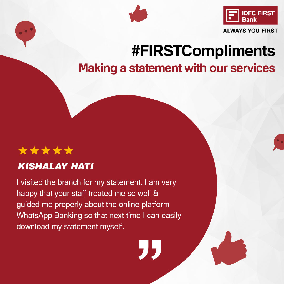 IDFCFIRSTBank's tweet photo. At #IDFCFIRSTBank, your happiness is our highest interest. We're delighted to have quickly addressed your query and appreciate your trust in us. Thank you for being a valued part of our banking family!
Deposit your compliments here: https://t.co/K3bsrMxQU1
#FIRSTCompliments https://t.co/q1GybE5cdk