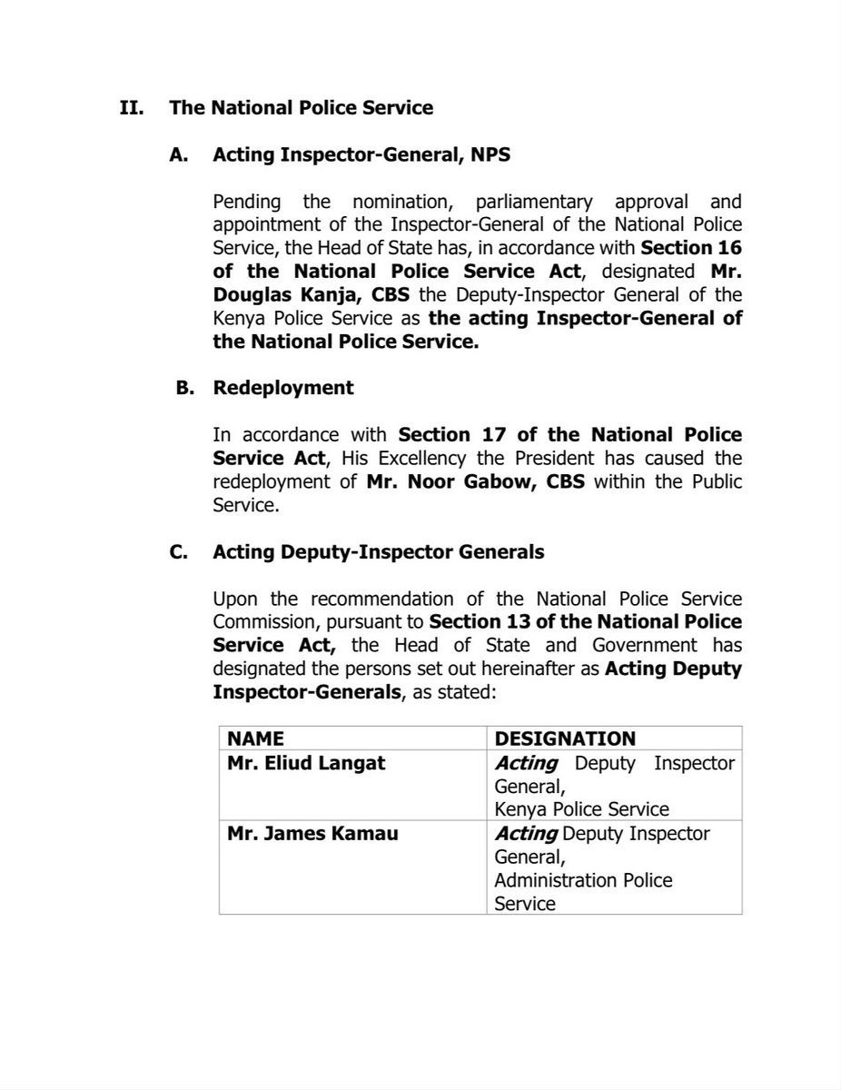HusseinMohamedg's tweet photo. President @WilliamsRuto effects changes within the Senior Ranks of the National Police Service and Kenya Prisons Service following the resignation of I.G Eng. Japhet Koome. https://t.co/rau0YvB4Jw