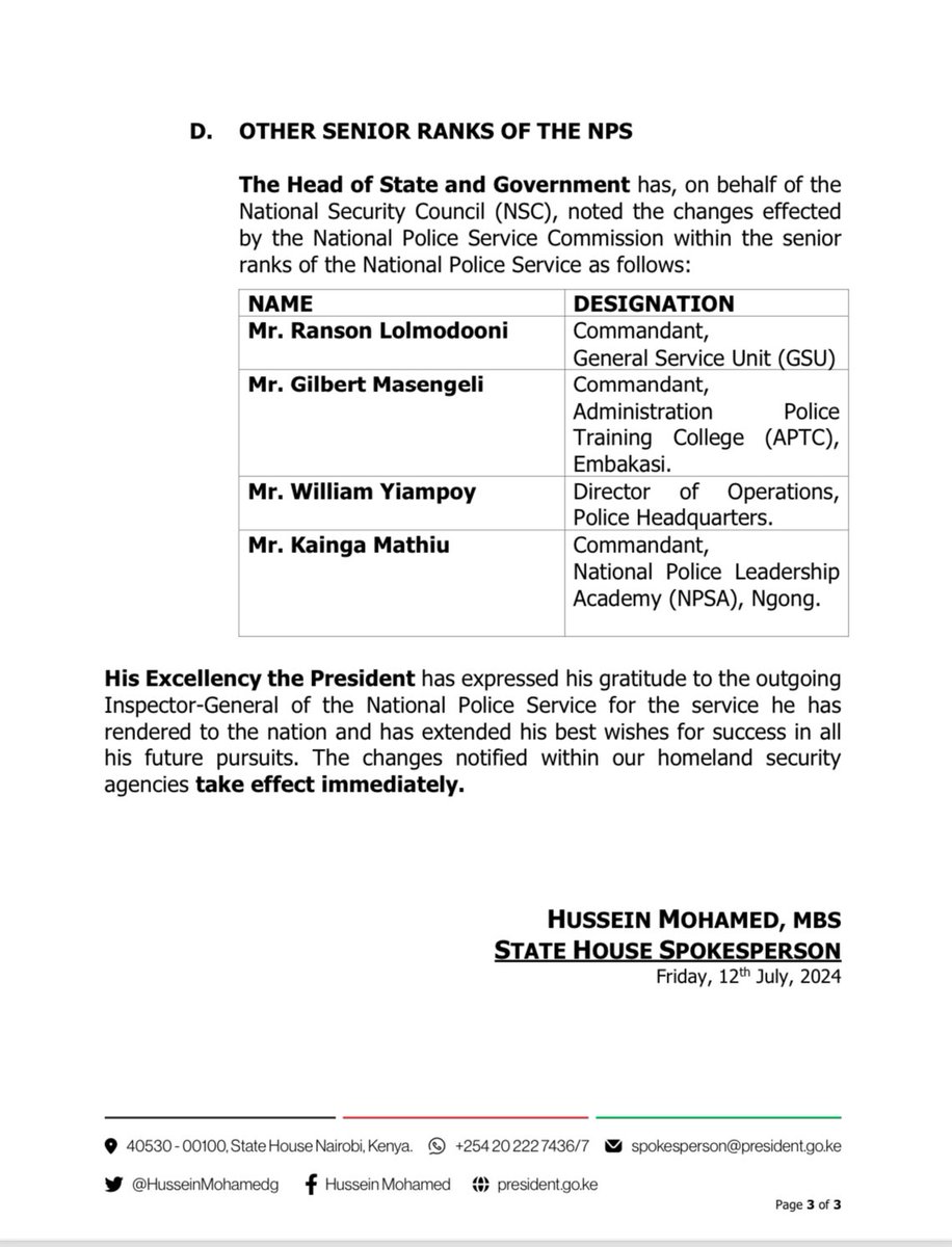 President <a href="/WilliamsRuto/">William Samoei Ruto, PhD</a> effects changes within the Senior Ranks of the National Police Service and Kenya Prisons Service following the resignation of I.G Eng. Japhet Koome.