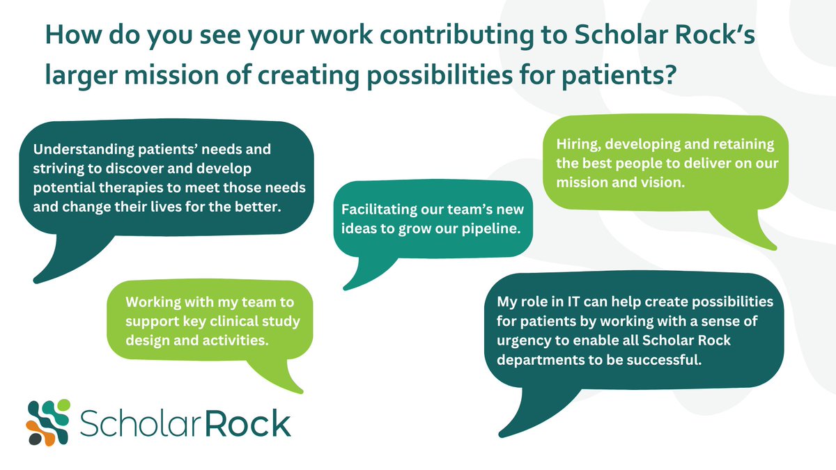 ScholarRock's tweet image. A couple weeks ago, we brought colleagues from across Scholar Rock together to reflect on how their individual roles contribute to advancing our mission of #CreatingPossibilities for patients.

Here&apos;s what they had to say: