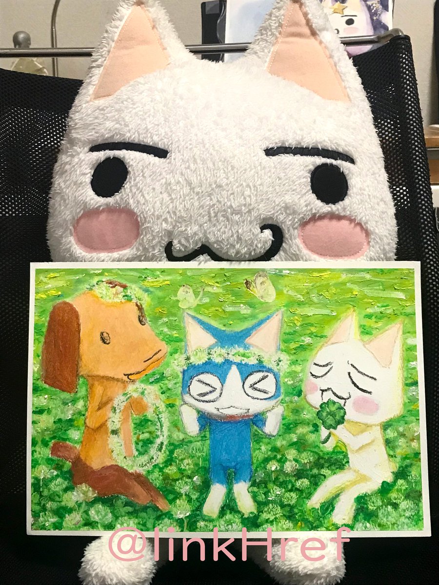 linkHref's tweet image. シロツメクサ畑で遊ぶトロとソラとピエールをずこうクレヨンで描きました！
春のうちに仕上げたかった😣
#どこでもいっしょ