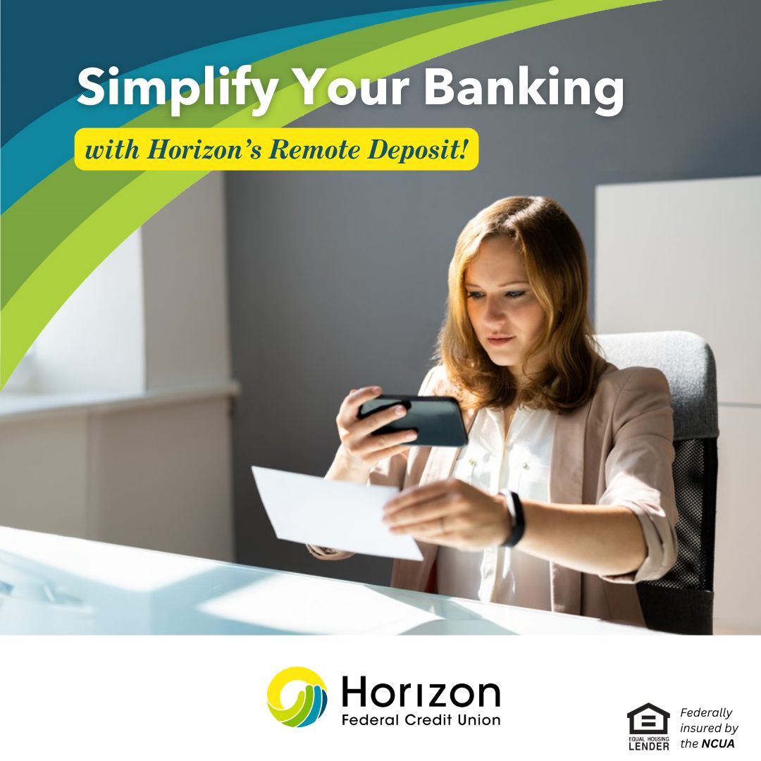 HorizonFCU's tweet image. Enjoy convenience with Horizon’s Remote Check Capture! 

Our easy-to-use Mobile Banking App allows you to deposit your checks anytime, anywhere. 

Ready to simplify your banking? Download our app today! buff.ly/3ROTRY9

#HorizonFCU #SeeBeyondToday #RemoteCapture