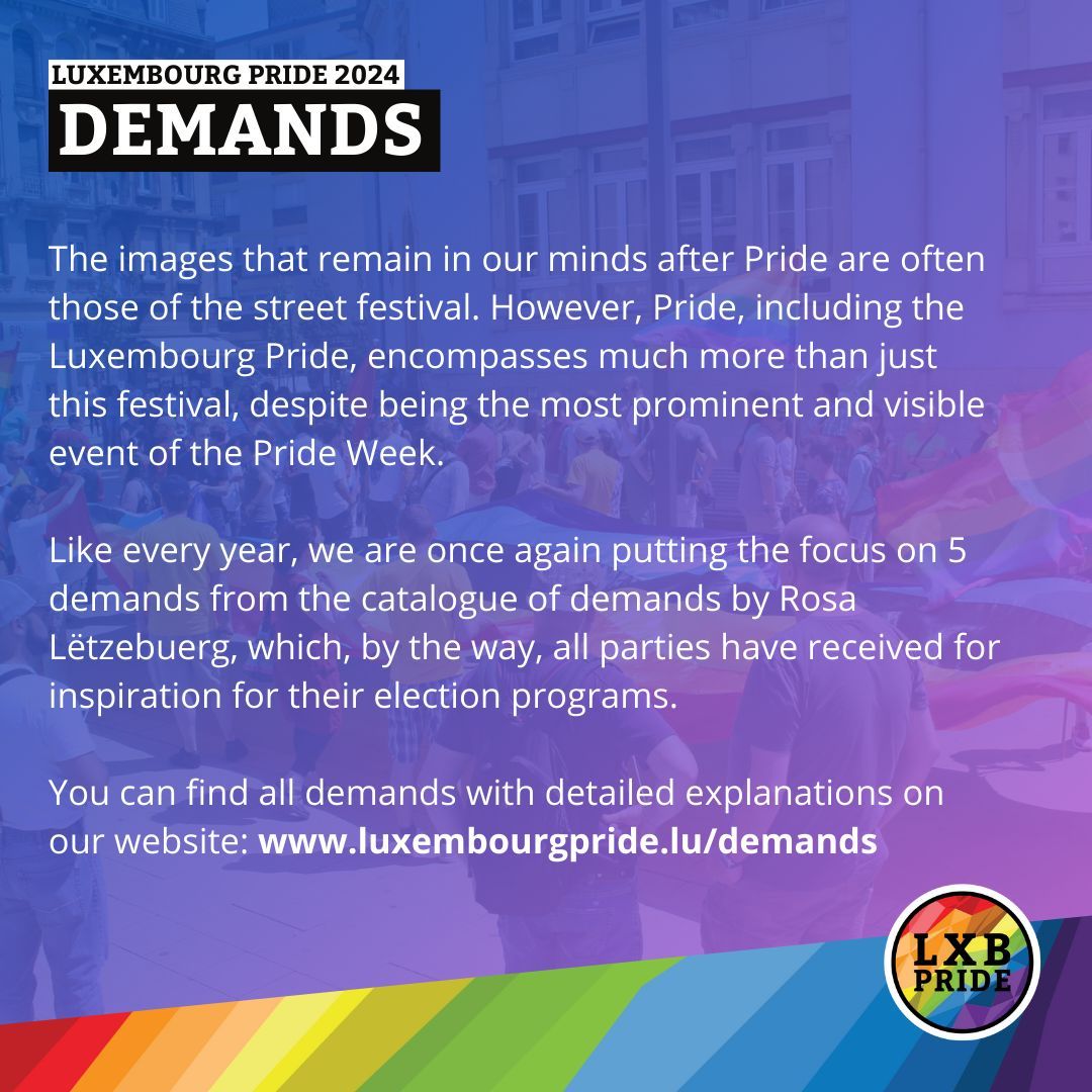 LuxembourgPride's tweet photo. Like every year, we are once again putting the focus on 5 demands from the catalogue of demands by Rosa Lëtzebuerg, which, by the way, all parties have received for inspiration for their election programs.

You can find all demands on our website: https://t.co/zrQqkqBSb6 https://t.co/oIuGmu28w9