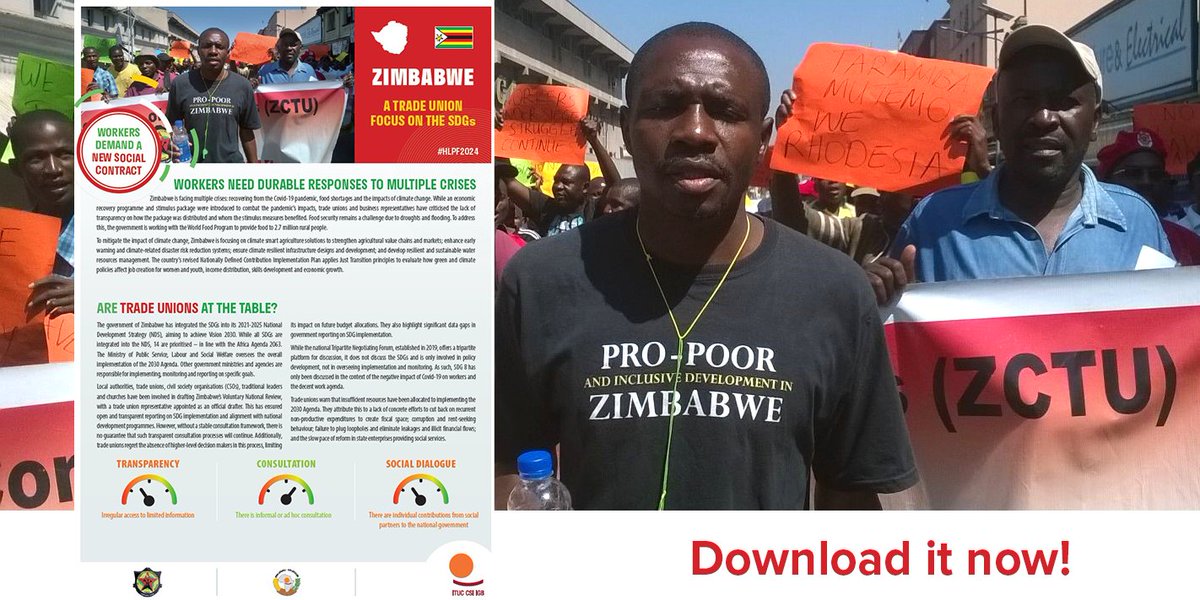 ituc's tweet photo. #Zimbabwe🇿🇼 trade unions alert that #SDGs progress is hampered by poor data, weak consultation & lack of resources due to #corruption #financial leakages, limited #fiscal space...
Read the report➡️https://t.co/bqO21uYc01
#timefor8 #HLPF2024 @ituc_Africa @zctuzimbabwe @SATUCC https://t.co/SDhS4TvTg6