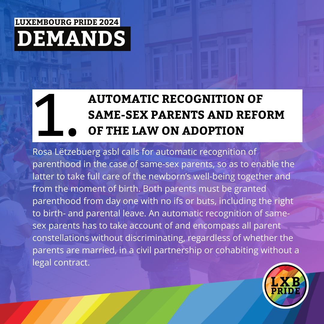 LuxembourgPride's tweet photo. Like every year, we are once again putting the focus on 5 demands from the catalogue of demands by Rosa Lëtzebuerg, which, by the way, all parties have received for inspiration for their election programs.

You can find all demands on our website: https://t.co/zrQqkqBSb6 https://t.co/oIuGmu28w9