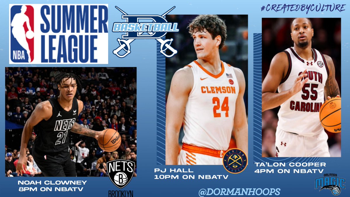 Big Day for all Cavalier fans!! Catch all 3 former Cavalier players today during the NBA Summer League!! 
#family   #createdbyculture
<a href="/LatrellT313/">Ta'Lon Cooper</a> - Orlando Magic at 4pm NBATV  
<a href="/NoahClowney/">Noah Clowney</a>  - Brooklyn Nets at 8pm  NBATV  
<a href="/pjhall020/">PJ Hall</a> - Denver Nuggets at 10pm NBATV
