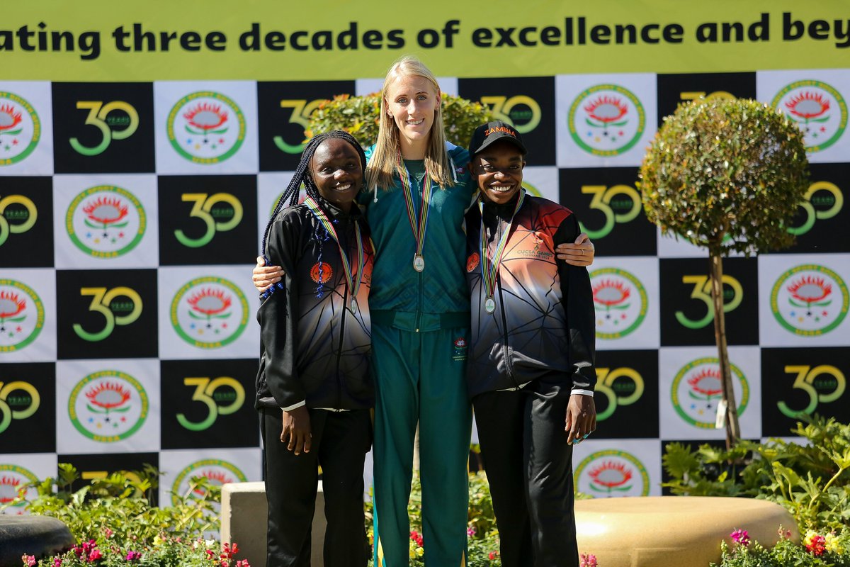 CucsaRegion5's tweet photo. The two Zambians Anna and Mutinta flank the Gold Medalist of South Africa Michaela for the Women's 800m. 😃👏🏿

🥇Oosthuizen Michaela RSA 🇿🇦 2:04.54
🥈Hamachula Anna ZAM 2:32.03
🥉Habeene Mutinta ZAM 🇿🇲 2:32.07

📸 CUCSA Media/ Piet Ribane 

#CUCSAGames | #Tshwane2024 https://t.co/36nL7uqp69