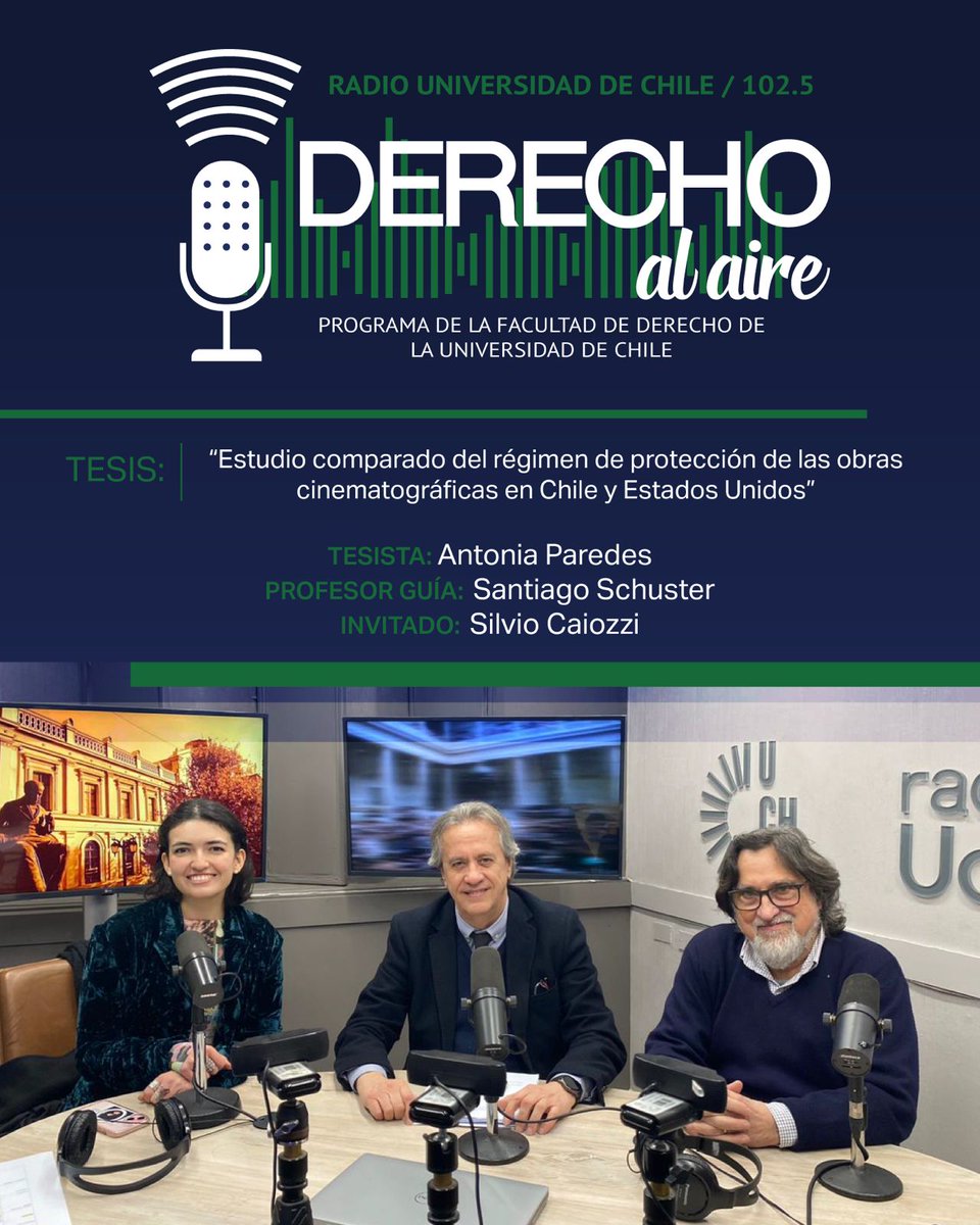 Facultad de Derecho (@derechouchile) on Twitter photo 📻 #DerechoAlAire | Conversamos con la egresada Antonia Paredes, y el cineasta Silvio Caiozzi, sobre su tesis "Estudio comparado del régimen de protección de las obras cinematográficas en Chile y Estados Unidos".
🎙️Conduce <a href="/SantiagoSch/">Santiago Schuster</a>
👂Escucha aquí 👉tinyurl.com/2hzntss9 📻 #DerechoAlAire | Conversamos con la egresada Antonia Paredes, y el cineasta Silvio Caiozzi, sobre su tesis "Estudio comparado del régimen de protección de las obras cinematográficas en Chile y Estados Unidos".
🎙️Conduce <a href="/SantiagoSch/">Santiago Schuster</a>
👂Escucha aquí 👉tinyurl.com/2hzntss9