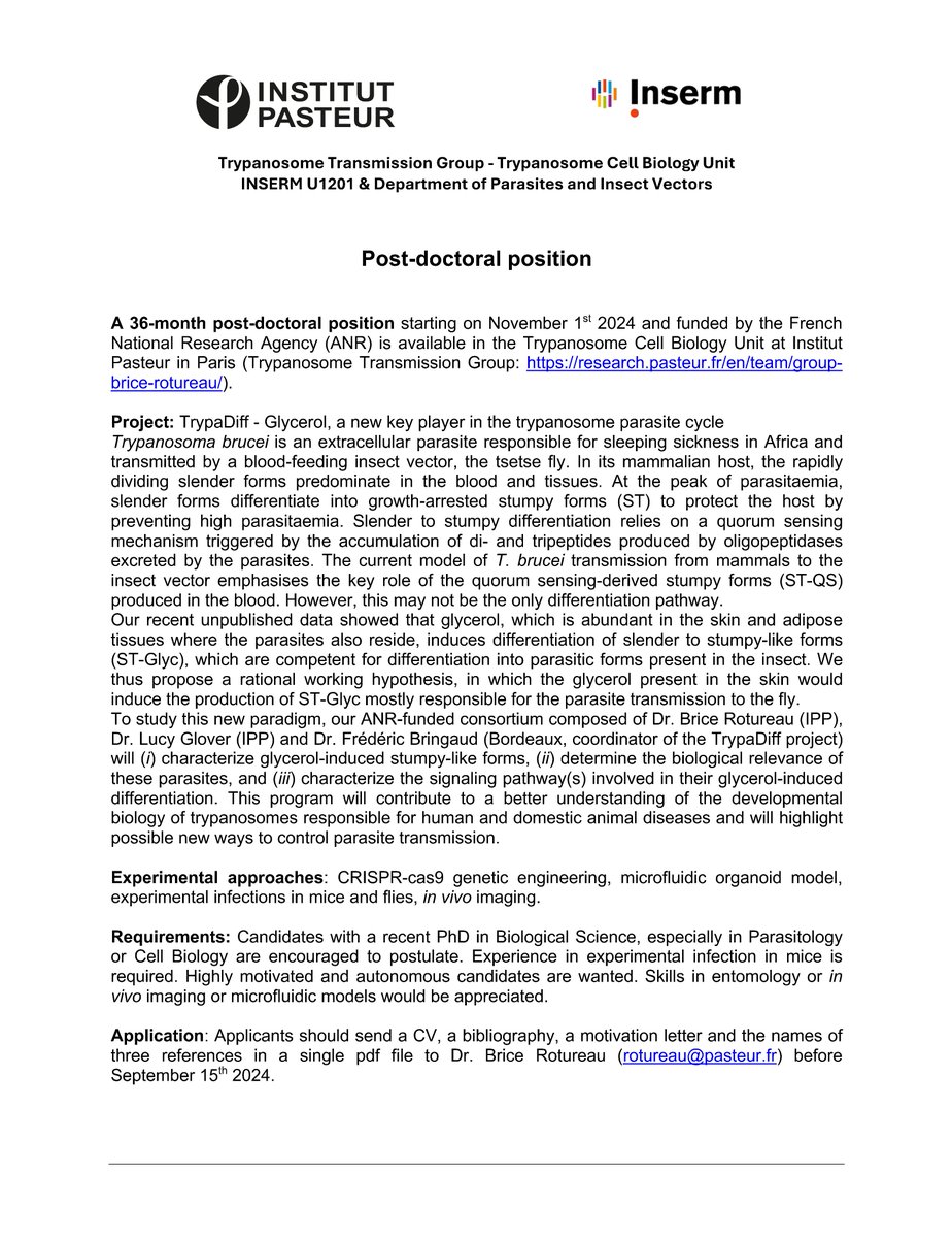 Bastin Lab (@bastinlab_paris) on Twitter photo Exciting 3-year post-doctoral position open in the group of Brice Rotureau <a href="/institutpasteur/">Institut Pasteur, since 1887</a> in collaboration with <a href="/Glover_Tryplab/">Lucy Glover</a> and <a href="/BringaudF/">Bringaud Frédéric</a>
Please RT.
research.pasteur.fr/en/team/group-… Exciting 3-year post-doctoral position open in the group of Brice Rotureau <a href="/institutpasteur/">Institut Pasteur, since 1887</a> in collaboration with <a href="/Glover_Tryplab/">Lucy Glover</a> and <a href="/BringaudF/">Bringaud Frédéric</a>
Please RT.
research.pasteur.fr/en/team/group-…