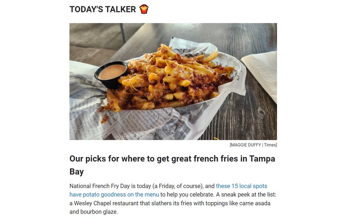 Nehizzle's tweet photo. 🍟 It’s National French Fry Day! 

In today’s @TB_Times DayStarter, we shared our top local picks for great french fries.

Don’t miss another edition: https://t.co/Qf8WSBlZjp https://t.co/wOsZ3VLUoO