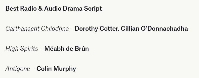 MeabhdeBrun's tweet photo. It is such an honour to be nominated for a #ZebbieAward. My radio play High Spirits, produced by @nearfm, has been nominated for Best Radio &amp; Audio Drama Script! 🎉 Thank you @WritersGuildIRL and best of luck to my fellow nominees Colin, Dorothy &amp; Cillian! https://t.co/pdnXJVqIfI