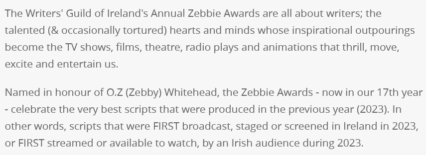 MeabhdeBrun's tweet photo. It is such an honour to be nominated for a #ZebbieAward. My radio play High Spirits, produced by @nearfm, has been nominated for Best Radio &amp; Audio Drama Script! 🎉 Thank you @WritersGuildIRL and best of luck to my fellow nominees Colin, Dorothy &amp; Cillian! https://t.co/pdnXJVqIfI