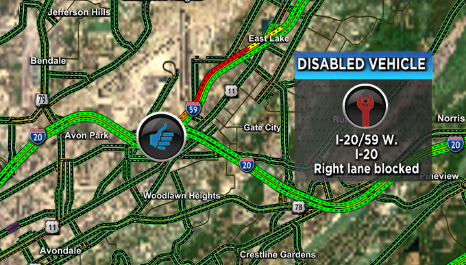 FIRST ALERT:
The disabled vehicle on I-20/59 W. at I-20 has cleared. <a href="/WBRCnews/">WBRC 6 News</a> #wbrctraffic