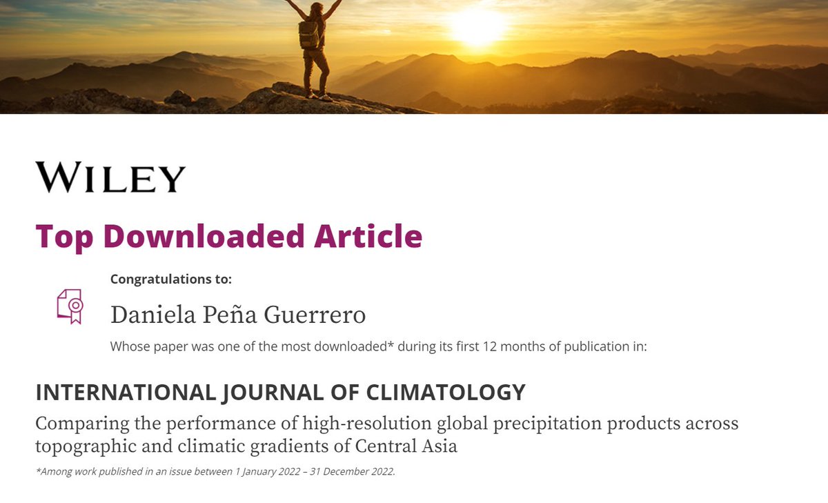 Daniela Peña-Guerrero (@madapegue) on Twitter photo Excited to share that our paper on comparing global #precipitation products in #CentralAsia received Top Downloaded Article in 2022! <a href="/RMetS/">Royal Meteorological Society</a> <a href="/WileyGlobal/">Wiley</a> Thanks to my co-authors <a href="/lytarasova/">Larisa Tarasova</a> <a href="/DanielMu11er/">Daniel Müller @ https://bsky.app/profile/danielmu</a> <a href="/iamoLSG/">Land Systems Group</a> <a href="/UFZ_de/">UFZ</a> <a href="/iamoLeibniz/">IAMO</a> Find it here ➡️rmets.onlinelibrary.wiley.com/doi/10.1002/jo… Excited to share that our paper on comparing global #precipitation products in #CentralAsia received Top Downloaded Article in 2022! <a href="/RMetS/">Royal Meteorological Society</a> <a href="/WileyGlobal/">Wiley</a> Thanks to my co-authors <a href="/lytarasova/">Larisa Tarasova</a> <a href="/DanielMu11er/">Daniel Müller @ https://bsky.app/profile/danielmu</a> <a href="/iamoLSG/">Land Systems Group</a> <a href="/UFZ_de/">UFZ</a> <a href="/iamoLeibniz/">IAMO</a> Find it here ➡️rmets.onlinelibrary.wiley.com/doi/10.1002/jo…