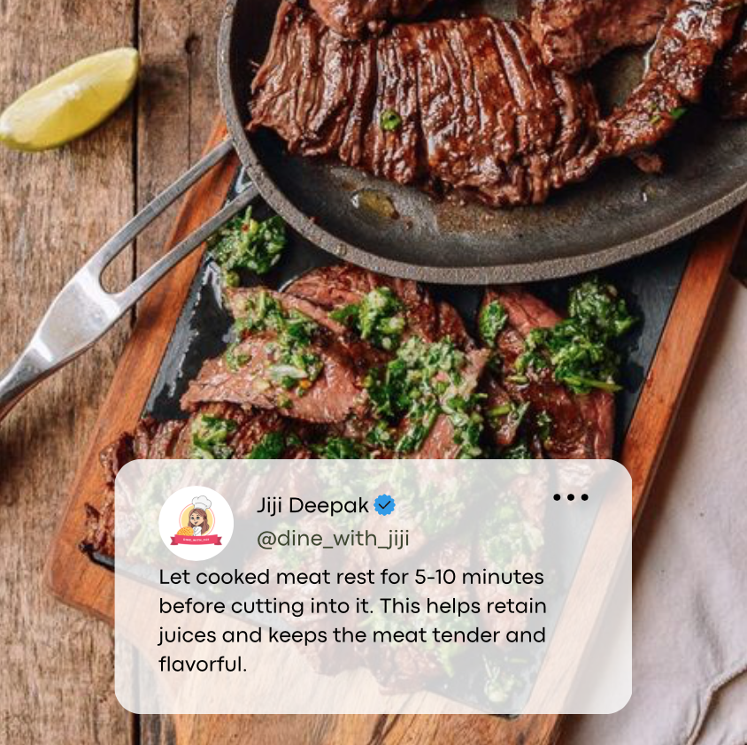 dine_with_jiji's tweet photo. 🥩🥒 Meat Resting Tip: Let cooked meat rest for 5-10 minutes before cutting into it. This helps retain juices and keeps the meat tender and flavorful. #MeatTips #CookingSecrets #Cooking https://t.co/eOBR4M8UzE