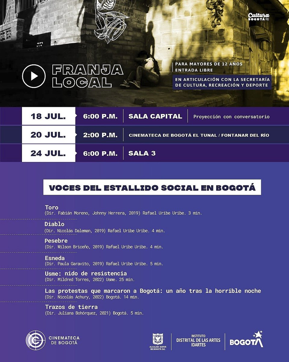 CinematecaBta's tweet photo. ¡Este mes la #FranjaLocal trae Voces del estallido social en Bogotá! 🗣️

🎥 Descubre las reflexiones sobre las violencias domésticas que afectan nuestra sociedad, a través de cortometrajes de ficción y documental. 

Entrada libre. 🎟️ https://t.co/6oTb13UnHS