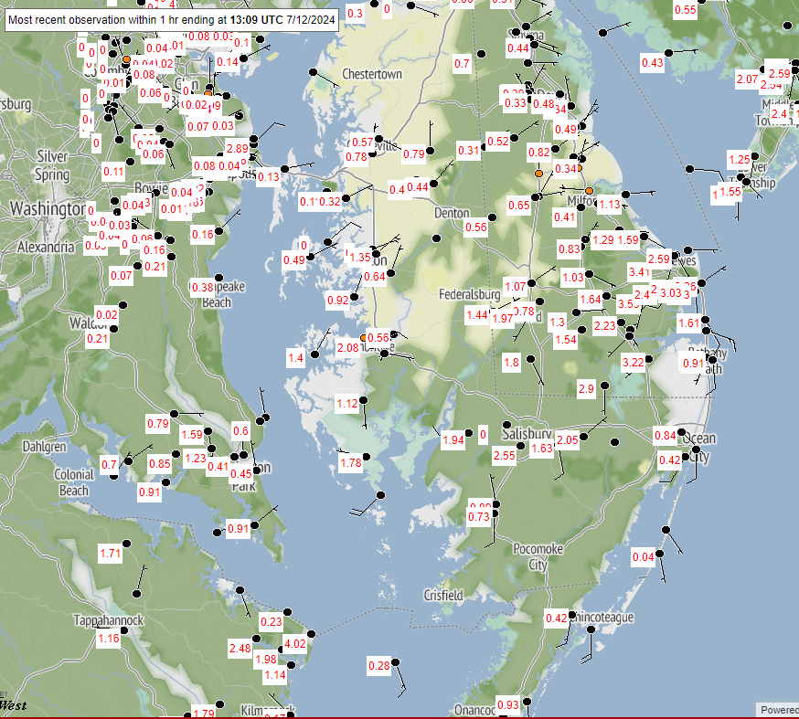 Here are rain totals for the area as of 9am Friday morning. Many folks have seen 1-4" of rain across Delmarva with our heaviest amounts in Dorchester and eastern Sussex County. We still have a long way to go and a lot more rain on the way over the next 24 hours.
