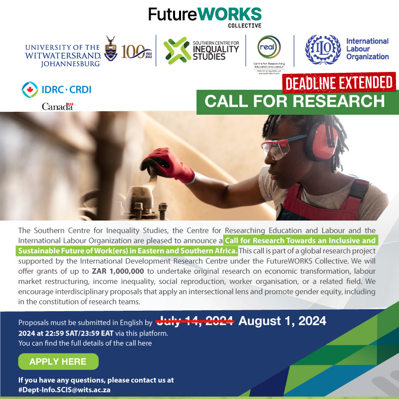 ICYMI Deadline is Extended! Apply by August 1, 2024, 📅 Don't miss out on the Call for Research: Towards an Inclusive &amp; Sustainable Future of Work(ers) in Eastern &amp; Southern Africa.🌍 Grants up to ZAR 1,000,000 available! 💰 More info: bit.ly/3LjRXv2