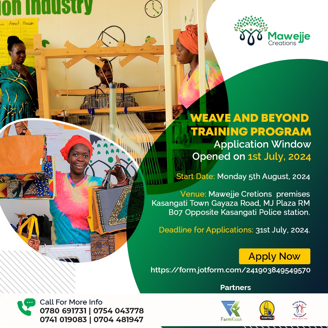 Are you a youth passionate about the Fashion and Art Industry

In partnership with <a href="/MawejjeCreation/">Mawejje Creations</a> we are thrilled to inform you that the Application Window for the Weave and Beyond Training Program (WBTP) is on 
APPLY NOW: By clicking on the link below: form.jotform.com/241903849549570
