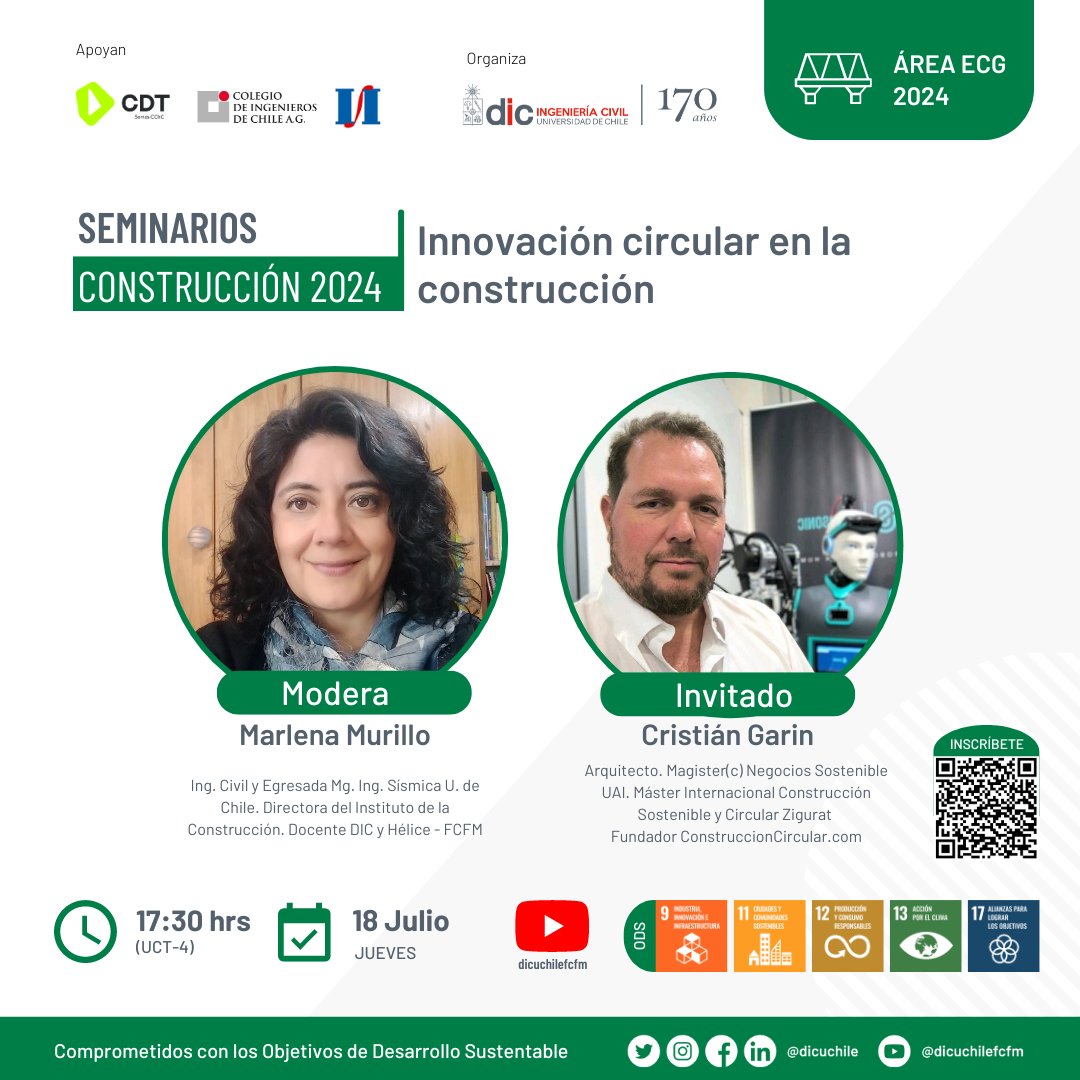🏗️🌱Súmate al seminario "Innovación circular en la construcción" con <a href="/cristiangarin/">Cristian Garin Stuardo</a>, fundador de #ConstrucciónCircular. Modera <a href="/kaiserasrael/">Lena</a>, con el apoyo de <a href="/cdt_chile/">CDT</a>, <a href="/IngenierosCHILE/">Colegio de Ingenieros de Chile A.G.</a> y el #InstitutodeIngenieros de Chile

+info📲 uchile.cl/ic217837